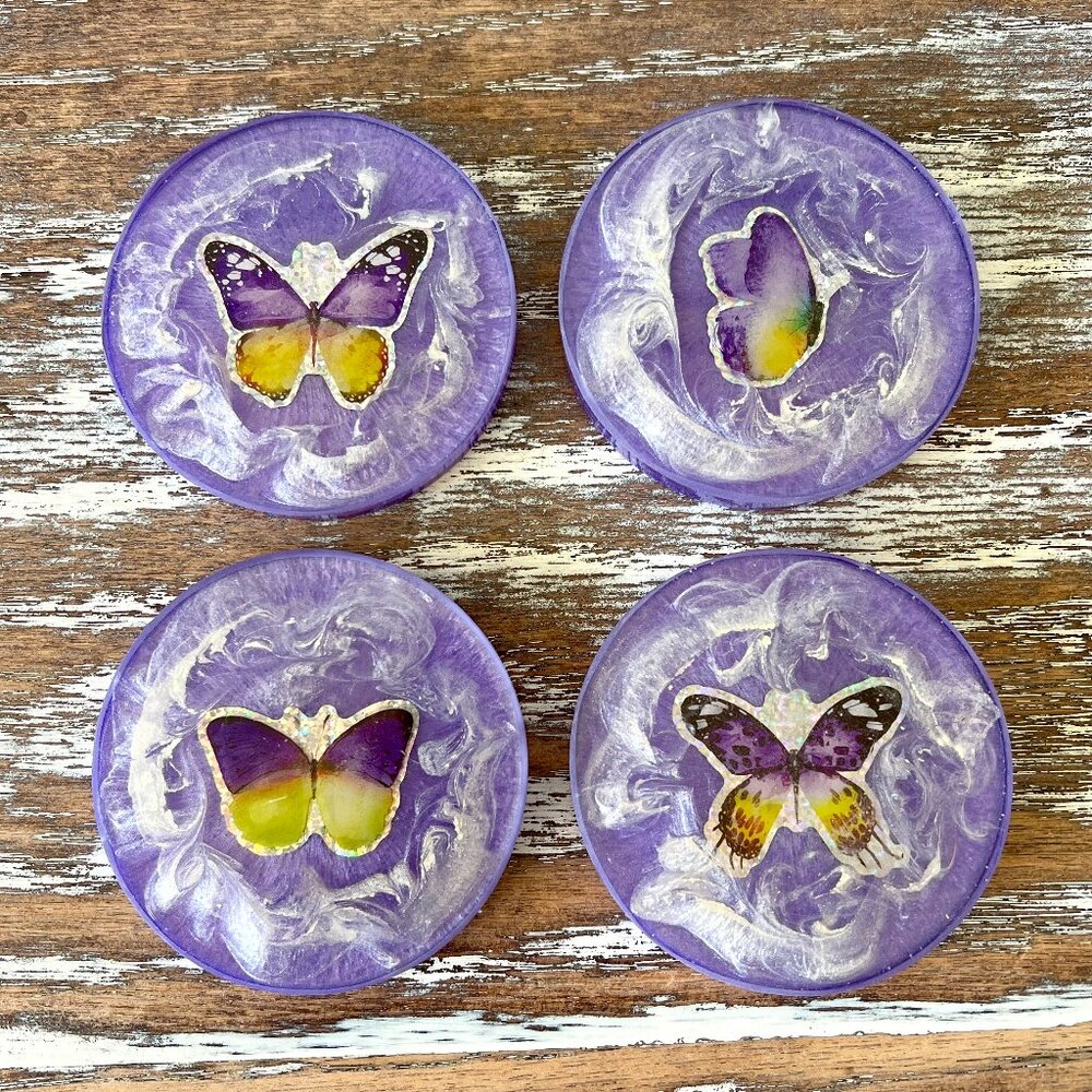 Lavender Butterfly Glitter Resin Drink Coasters Set of 4 House Housewarming Gift